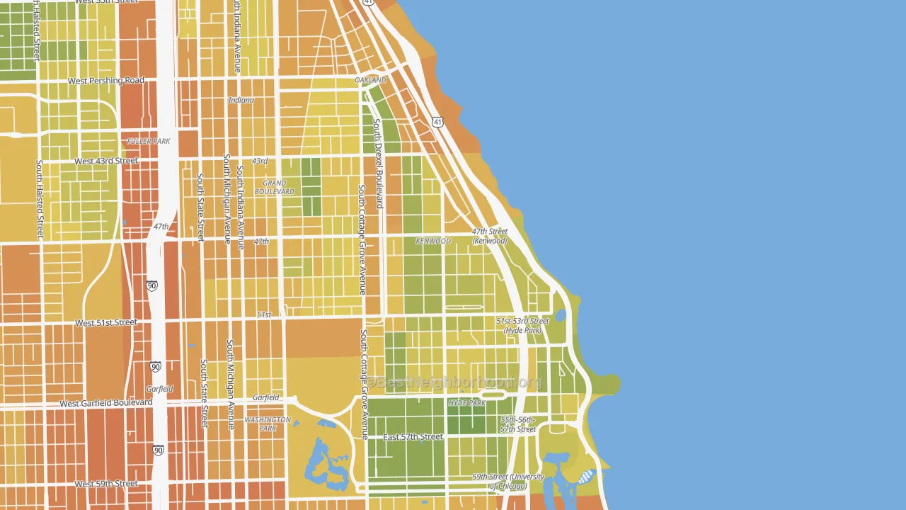 Map of the best neighborhoods in the Kenwood, Chicago area, with better matches in green and worse matches in red