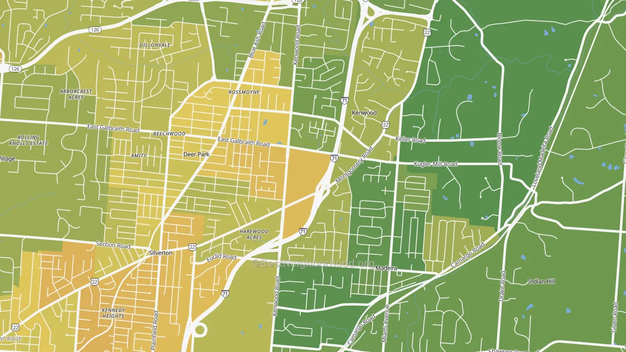 Map of the best neighborhoods in the Kenwood, Cincinnati area, with better matches in green and worse matches in red