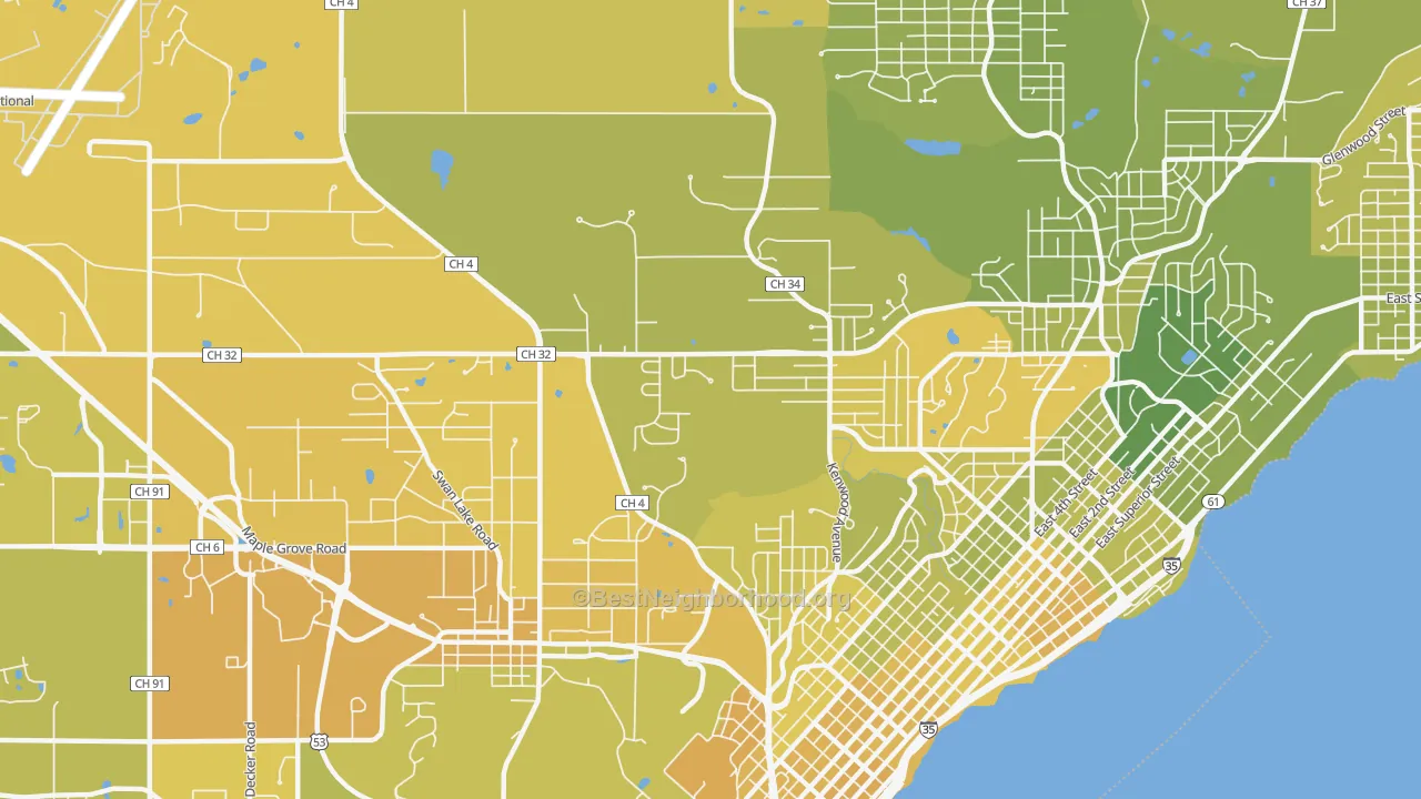 Map of the best neighborhoods in the Kenwood-Duluth, Duluth area, with better matches in green and worse matches in red
