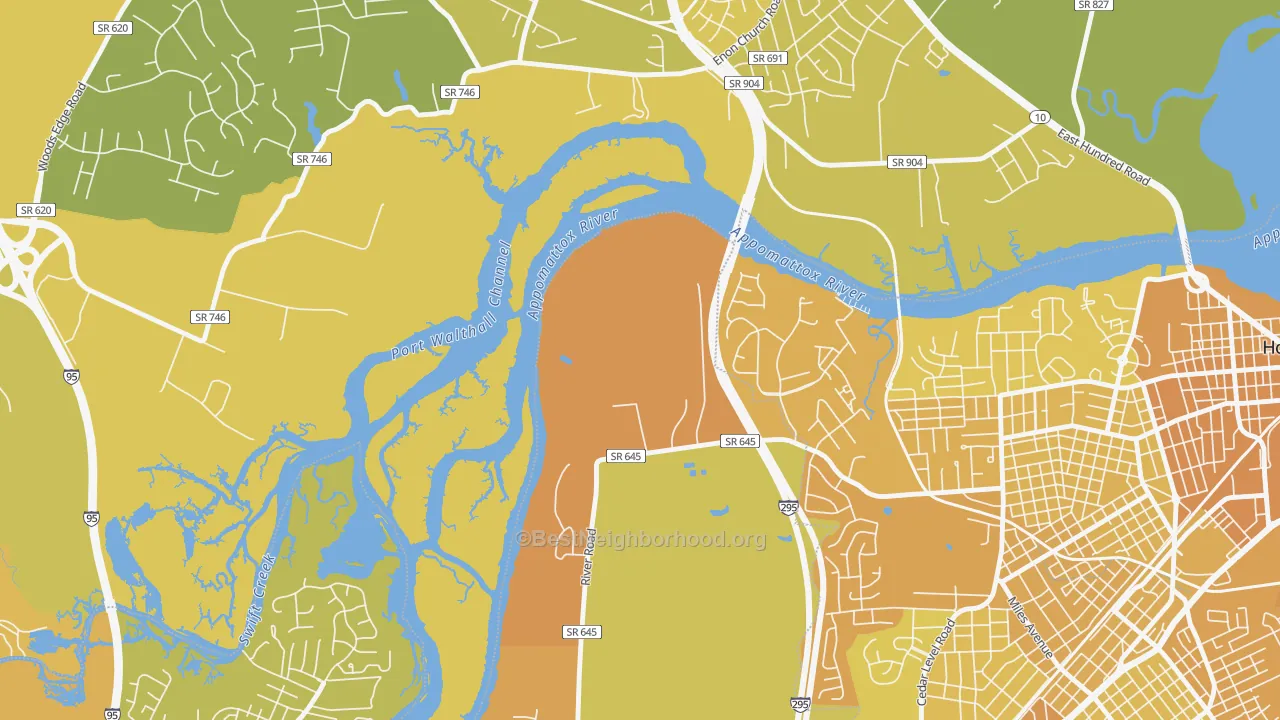 Map of the best neighborhoods in the Kenwood area, with better matches in green and worse matches in red