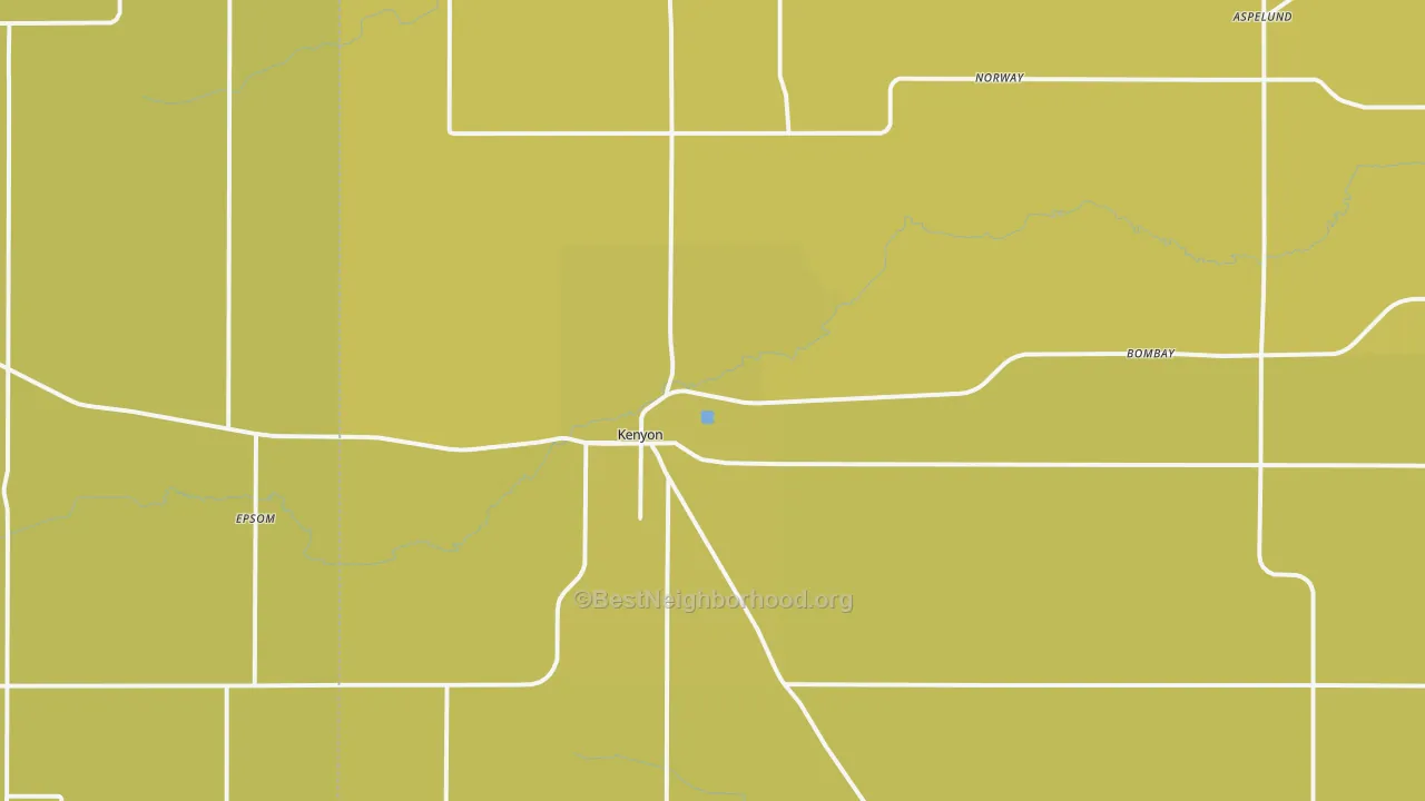 Map of the best neighborhoods in the Kenyon area, with better matches in green and worse matches in red