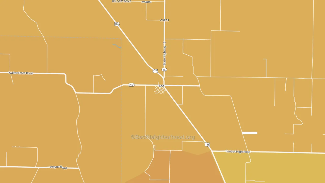 Map of the best neighborhoods in the Keo area, with better matches in green and worse matches in red