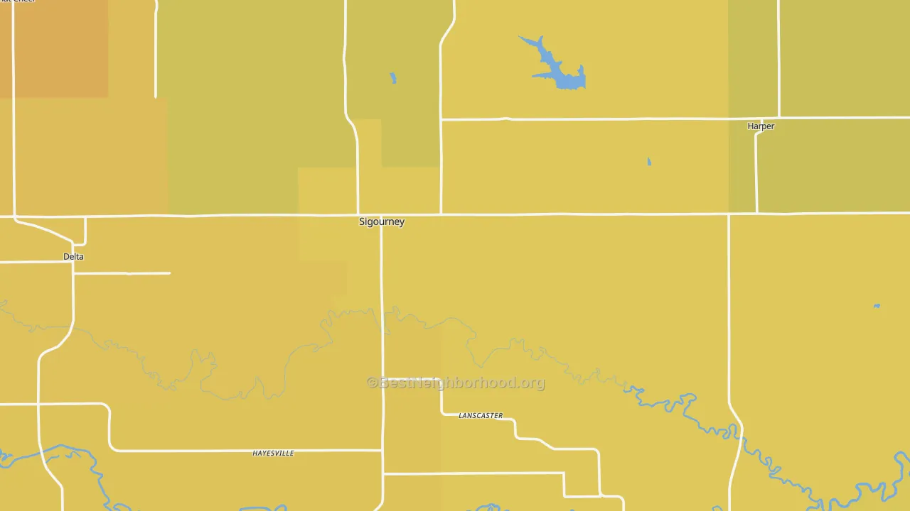 Map of the best neighborhoods in the Keokuk County area, with better matches in green and worse matches in red