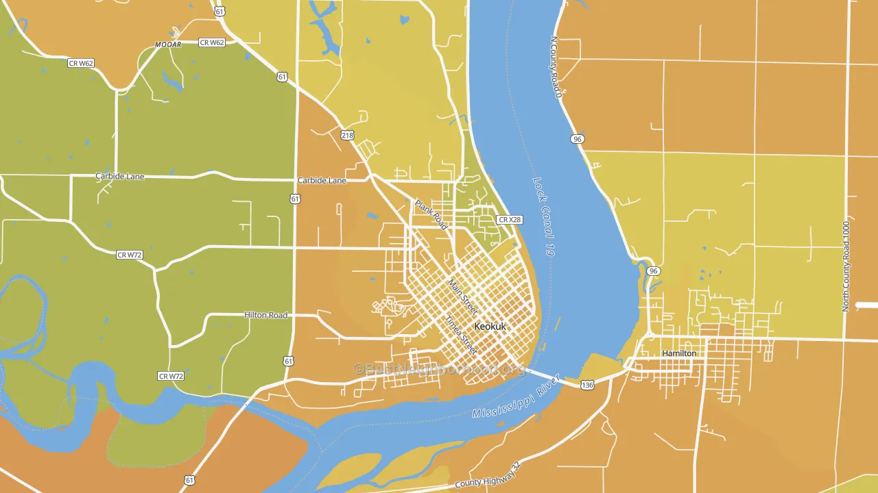 Map of the best neighborhoods in the Keokuk area, with better matches in green and worse matches in red