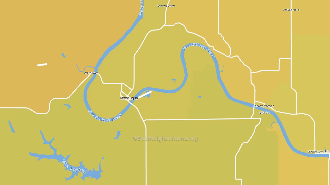Map of the best neighborhoods in the Keosauqua area, with better matches in green and worse matches in red