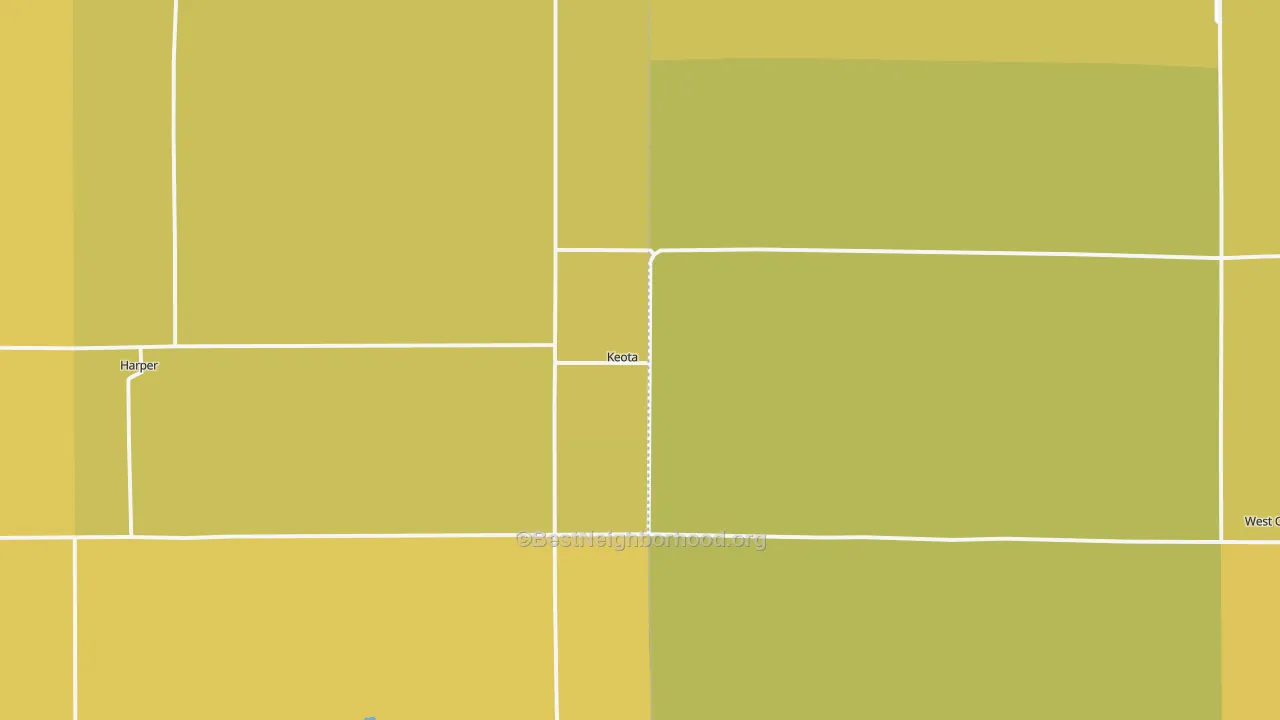 Map of the best neighborhoods in the Keota area, with better matches in green and worse matches in red
