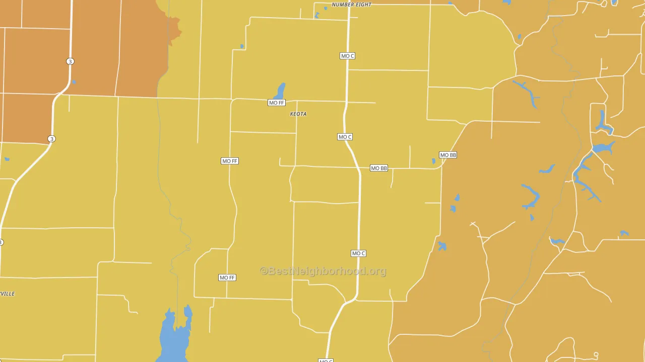 Map of the best neighborhoods in the Keota area, with better matches in green and worse matches in red