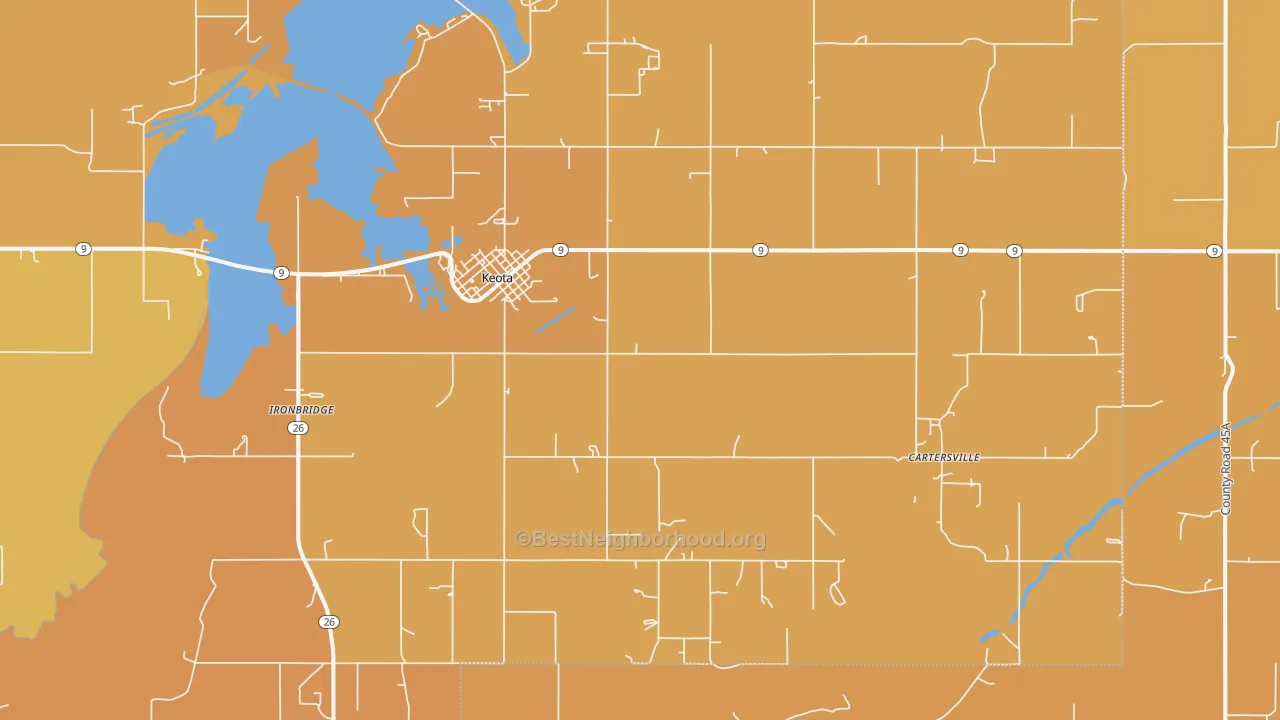 Map of the best neighborhoods in the Keota area, with better matches in green and worse matches in red