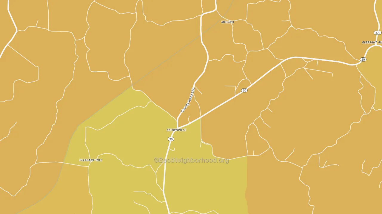 Map of the best neighborhoods in the Keownville area, with better matches in green and worse matches in red