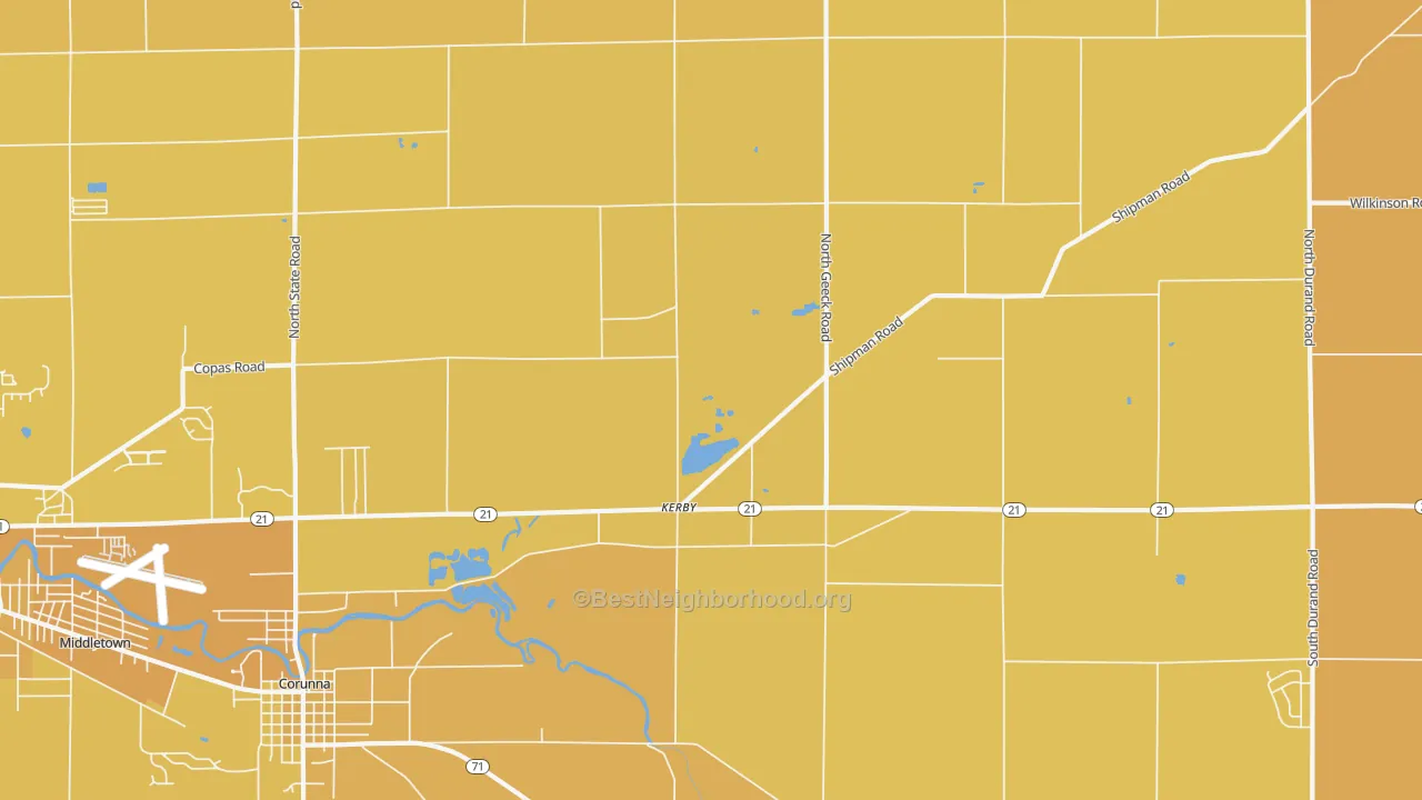 Map of the best neighborhoods in the Kerby area, with better matches in green and worse matches in red