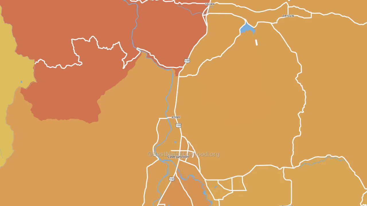 Map of the best neighborhoods in the Kerby area, with better matches in green and worse matches in red