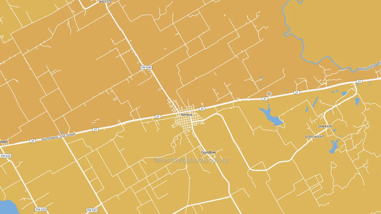 Map of the best neighborhoods in the Kerens area, with better matches in green and worse matches in red