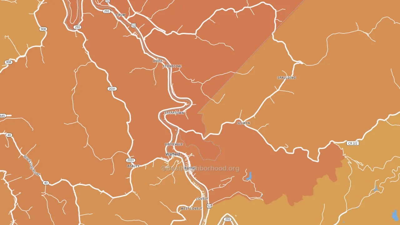 Map of the best neighborhoods in the Kermit area, with better matches in green and worse matches in red