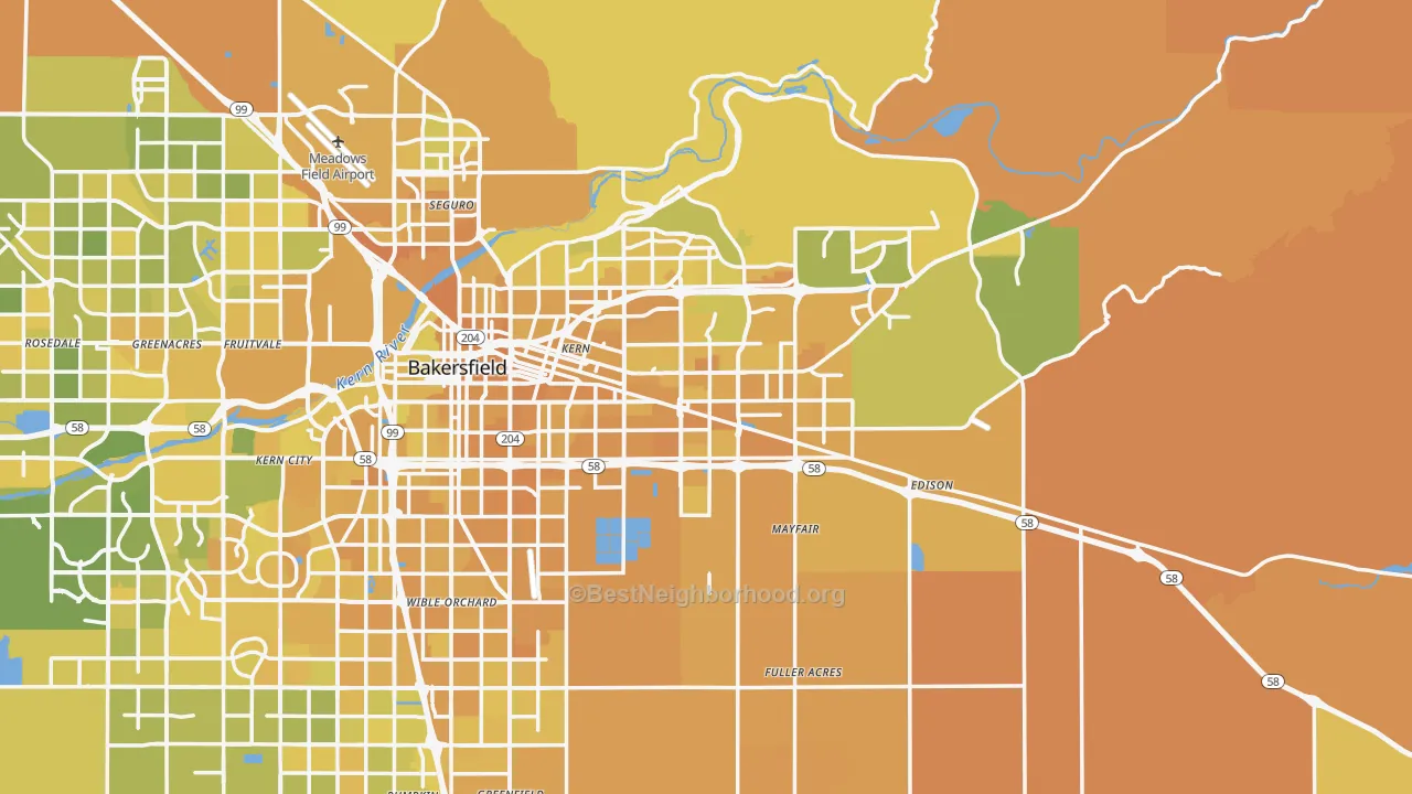 Map of the best neighborhoods in the Kern County area, with better matches in green and worse matches in red