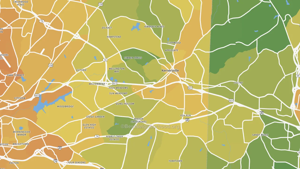 Map of the best neighborhoods in the Kernersville area, with better matches in green and worse matches in red