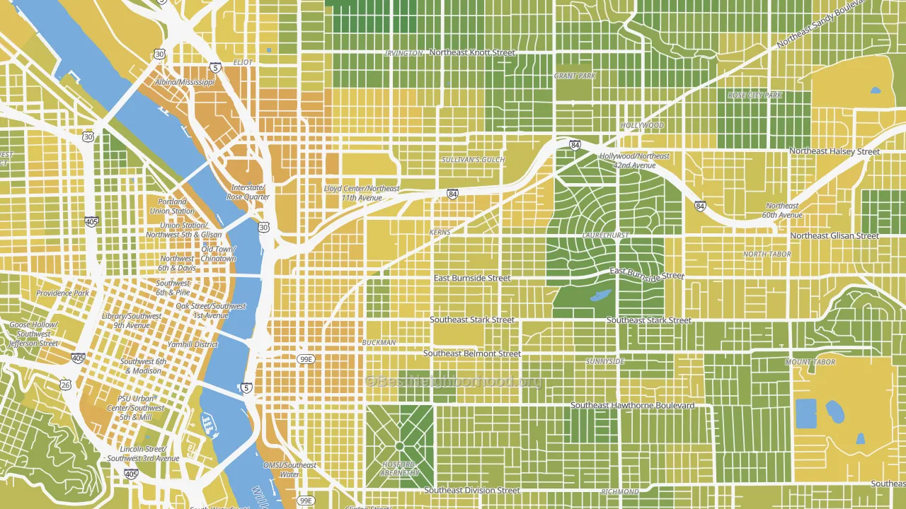 Map of the best neighborhoods in the Kerns, Portland area, with better matches in green and worse matches in red