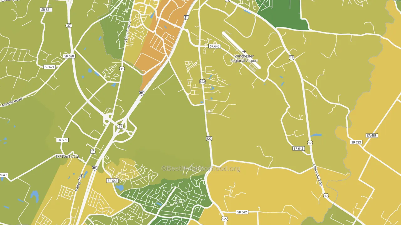Map of the best neighborhoods in the Kernstown area, with better matches in green and worse matches in red