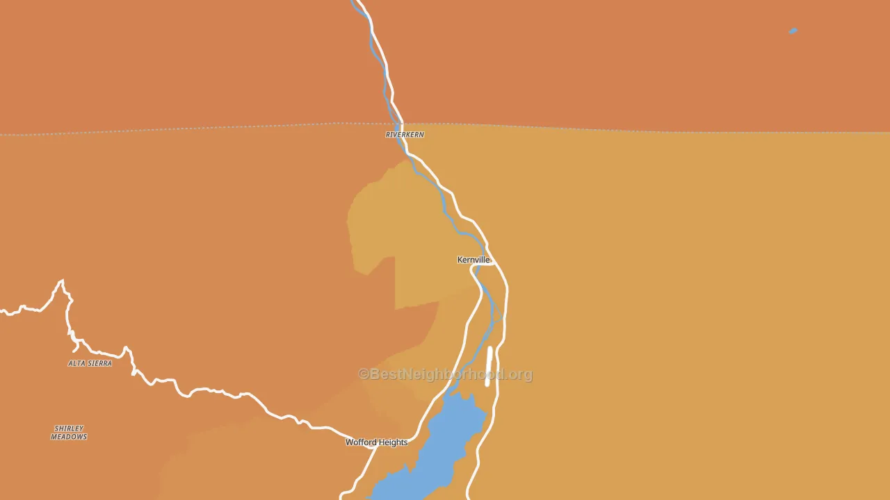 Map of the best neighborhoods in the Kernville area, with better matches in green and worse matches in red