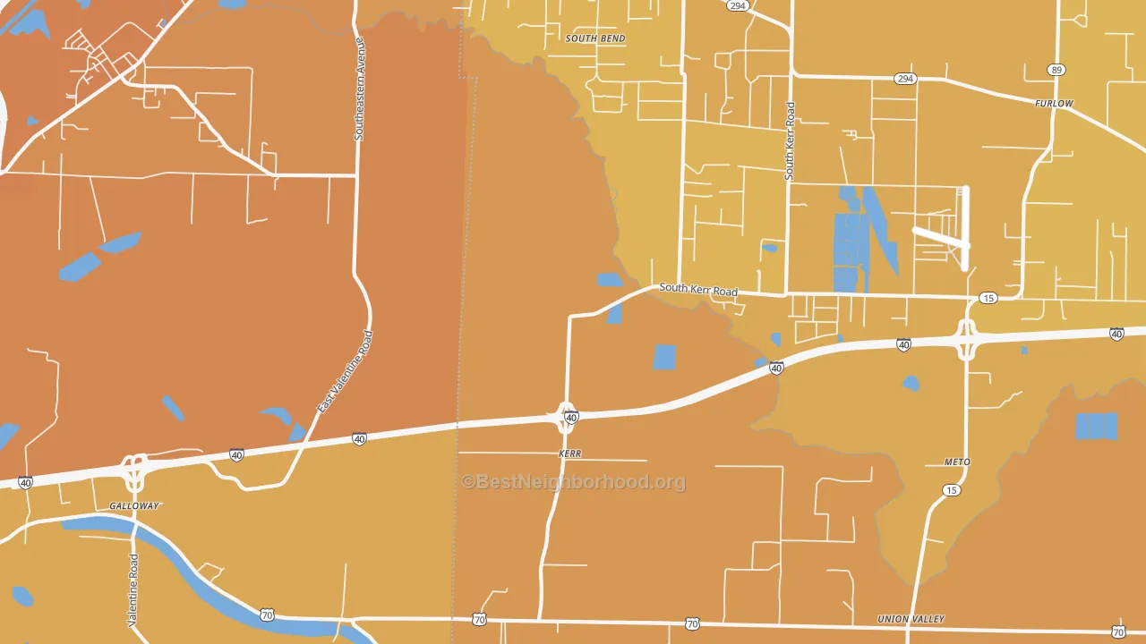 Map of the best neighborhoods in the Kerr area, with better matches in green and worse matches in red