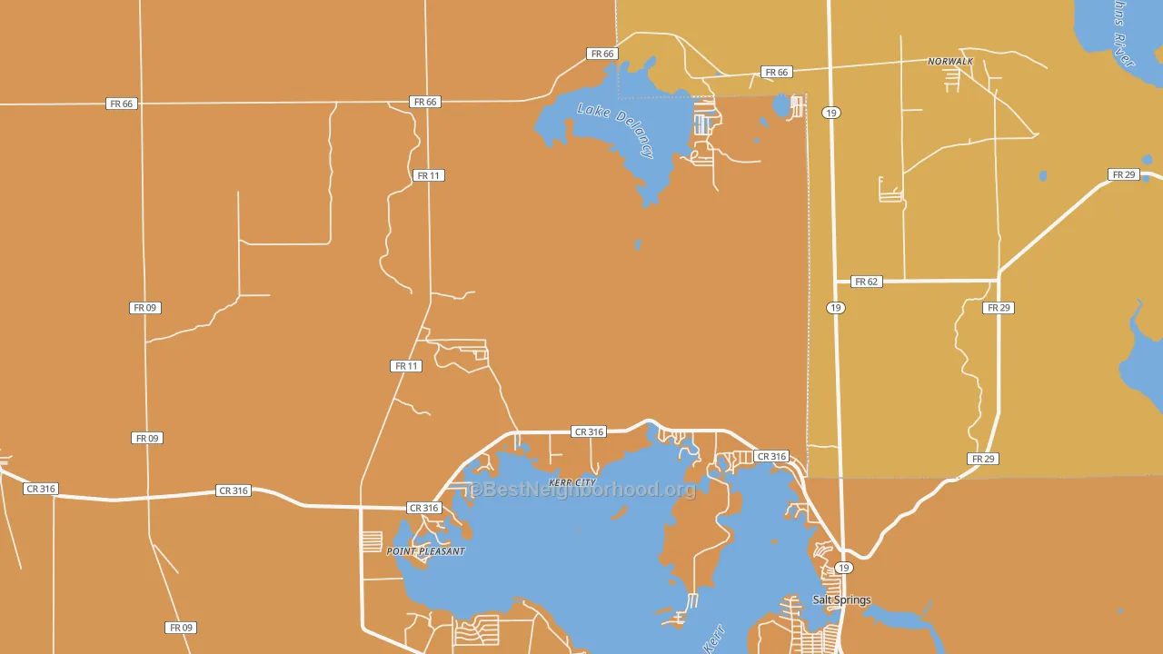 Map of the best neighborhoods in the Kerr City area, with better matches in green and worse matches in red
