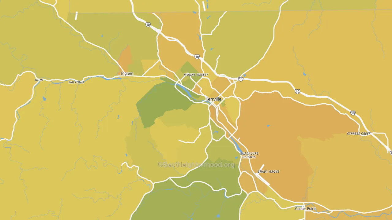 Map of the best neighborhoods in the Kerr County area, with better matches in green and worse matches in red