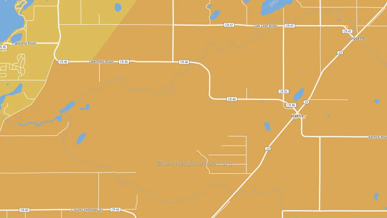 Map of the best neighborhoods in the Kerrick area, with better matches in green and worse matches in red