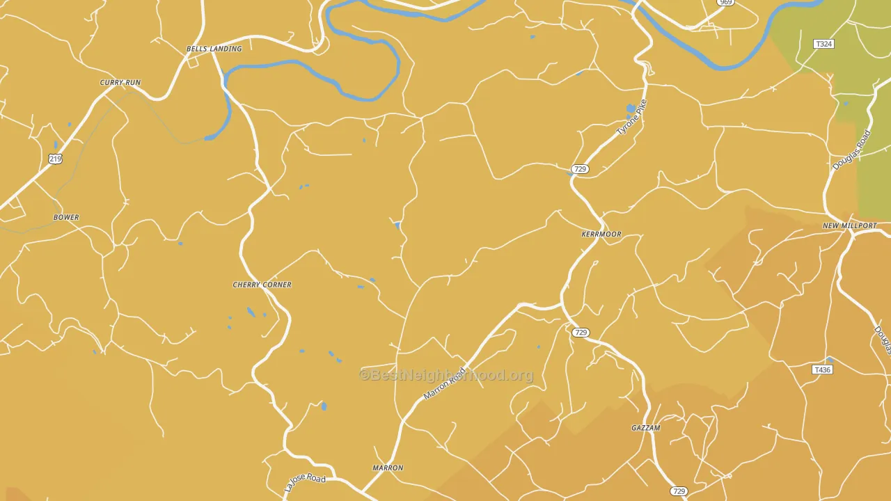 Map of the best neighborhoods in the Kerrmoor area, with better matches in green and worse matches in red