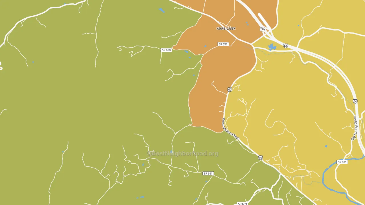 Map of the best neighborhoods in the Kerrs Creek area, with better matches in green and worse matches in red