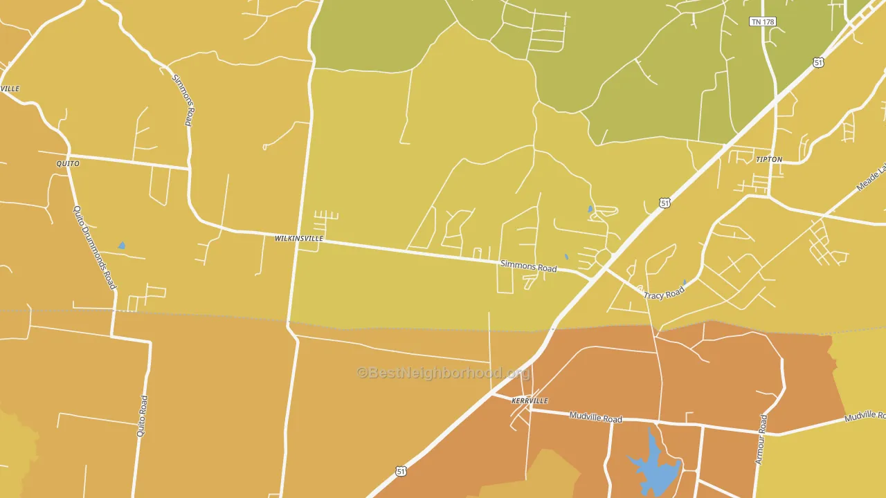 Map of the best neighborhoods in the Kerrville area, with better matches in green and worse matches in red