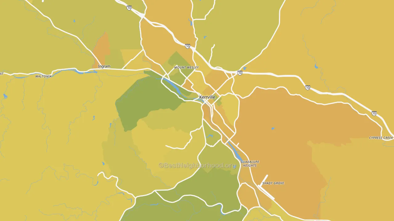 Map of the best neighborhoods in the Kerrville area, with better matches in green and worse matches in red
