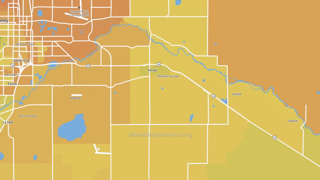 Map of the best neighborhoods in the Kersey area, with better matches in green and worse matches in red