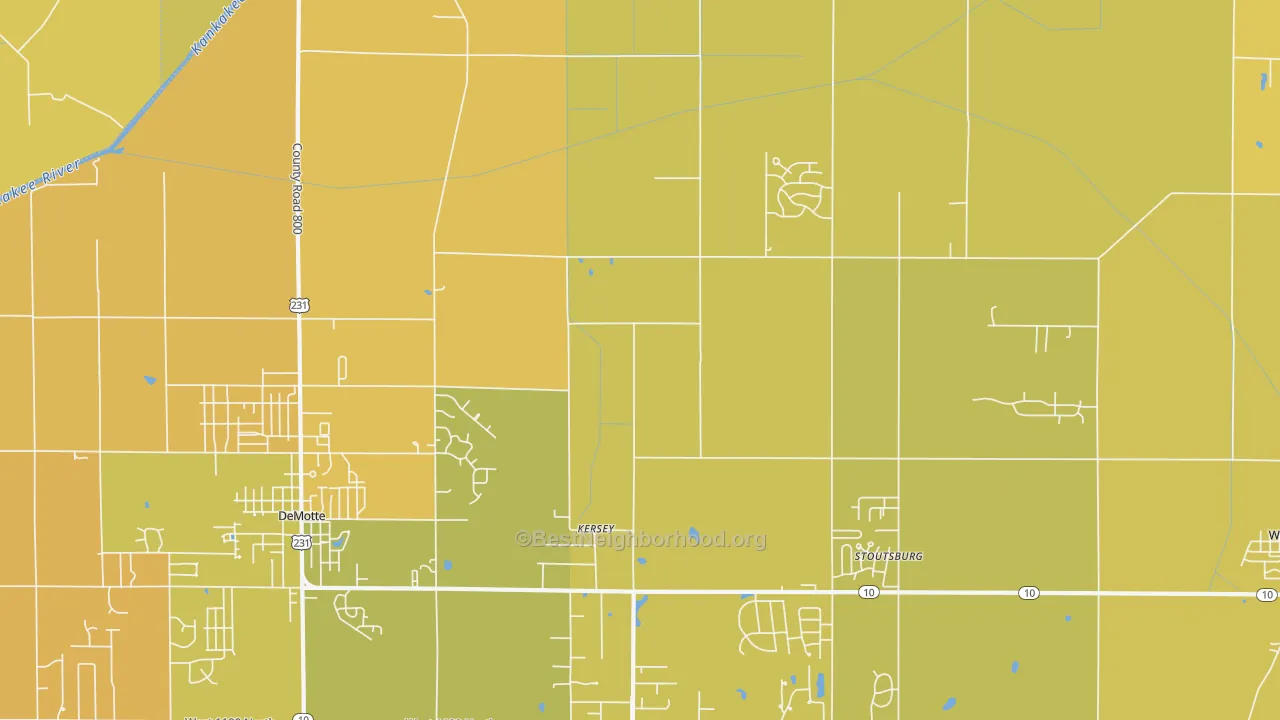 Map of the best neighborhoods in the Kersey area, with better matches in green and worse matches in red
