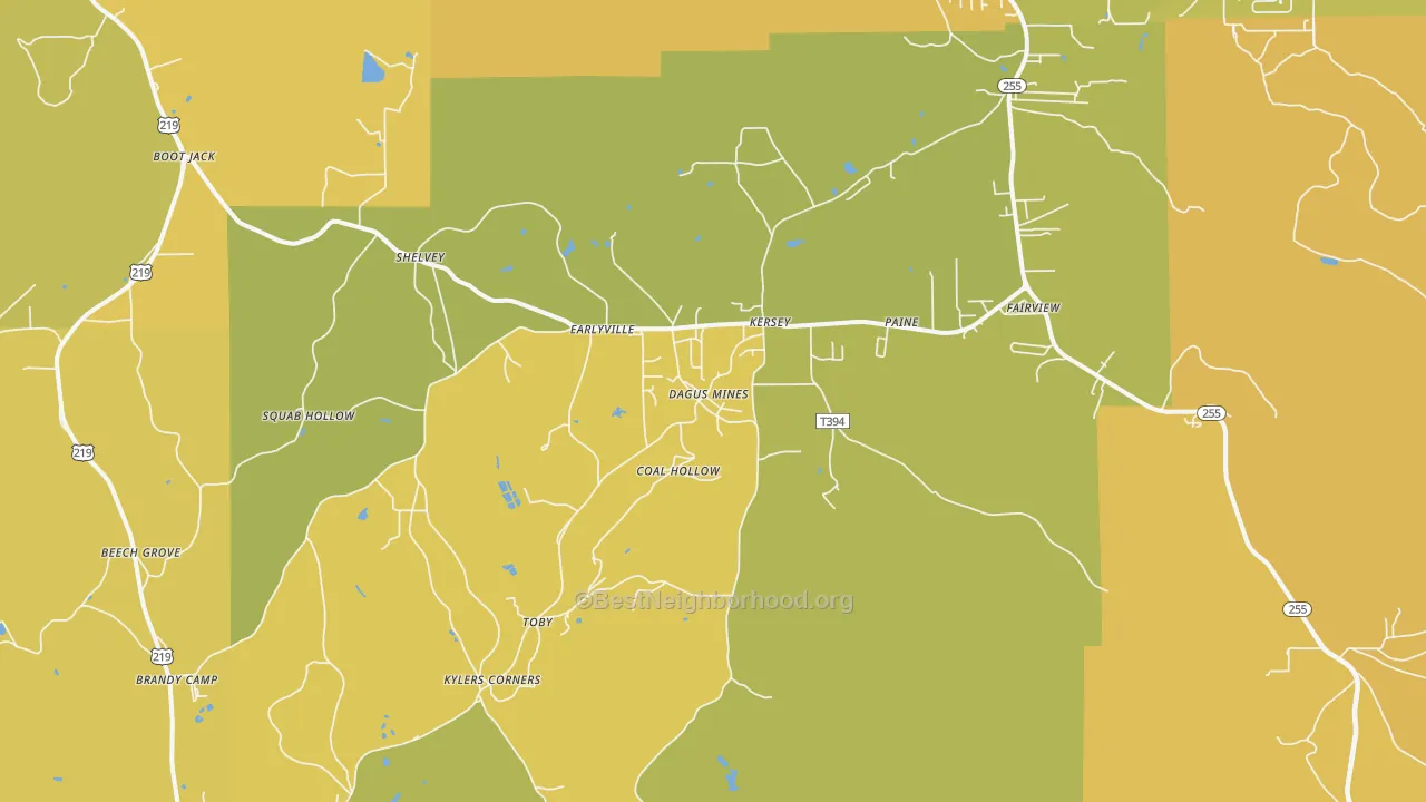 Map of the best neighborhoods in the Kersey area, with better matches in green and worse matches in red