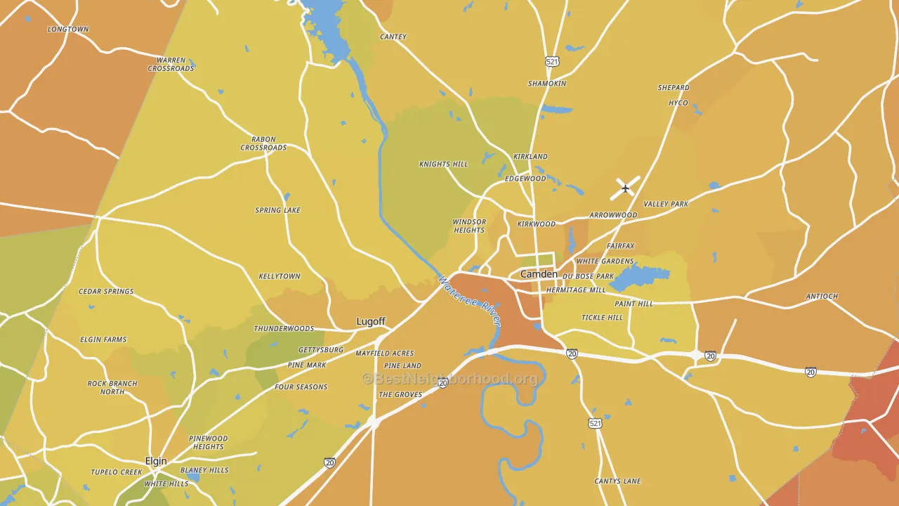 Map of the best neighborhoods in the Kershaw County area, with better matches in green and worse matches in red