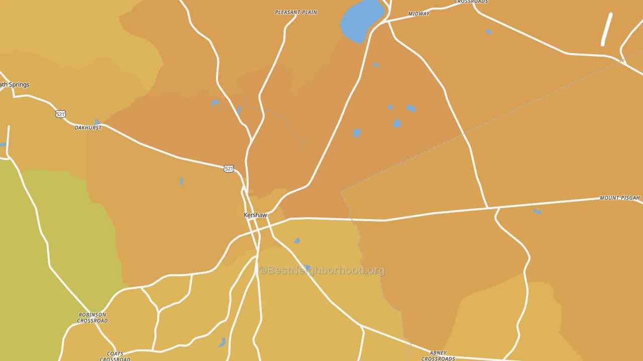 Map of the best neighborhoods in the Kershaw area, with better matches in green and worse matches in red