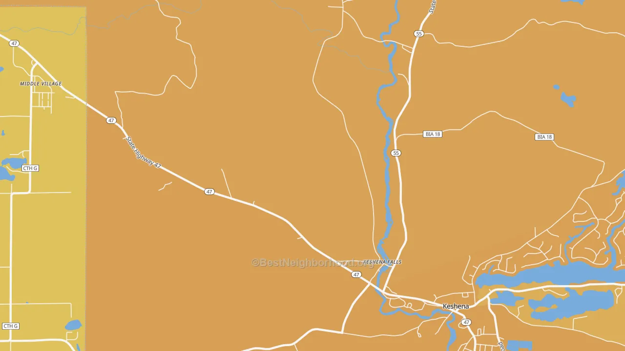 Map of the best neighborhoods in the Keshena Falls area, with better matches in green and worse matches in red