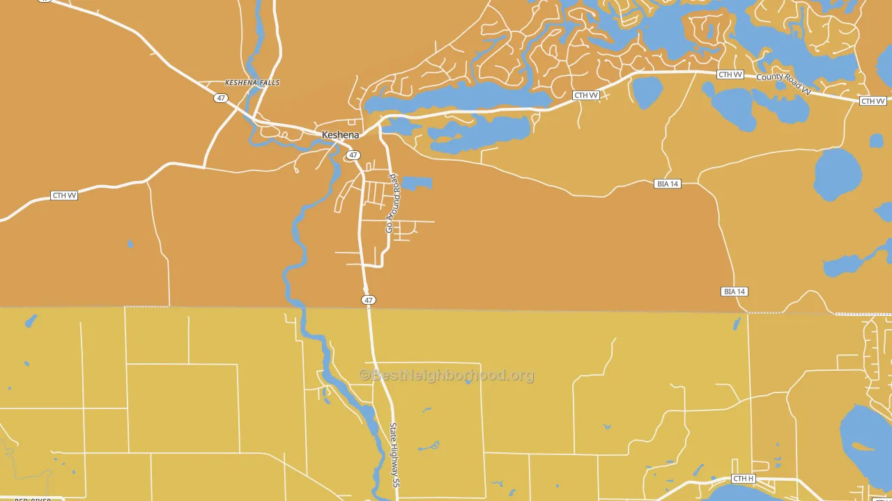 Map of the best neighborhoods in the Keshena area, with better matches in green and worse matches in red