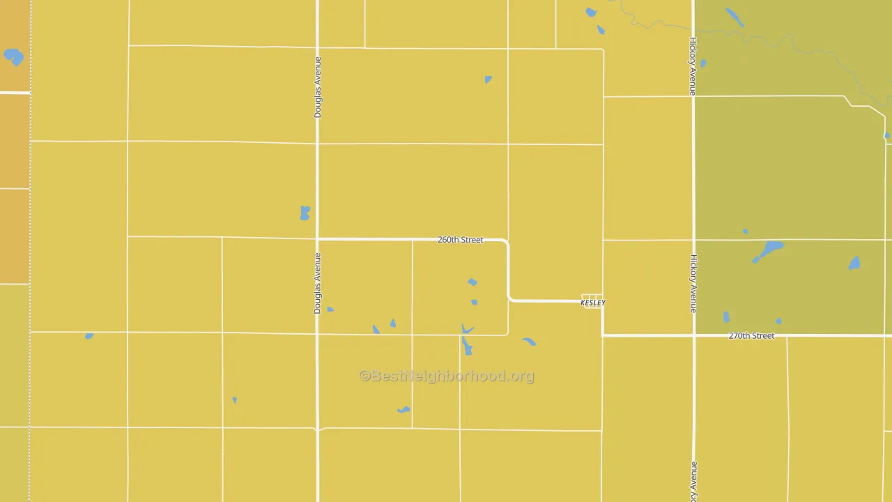 Map of the best neighborhoods in the Kesley area, with better matches in green and worse matches in red