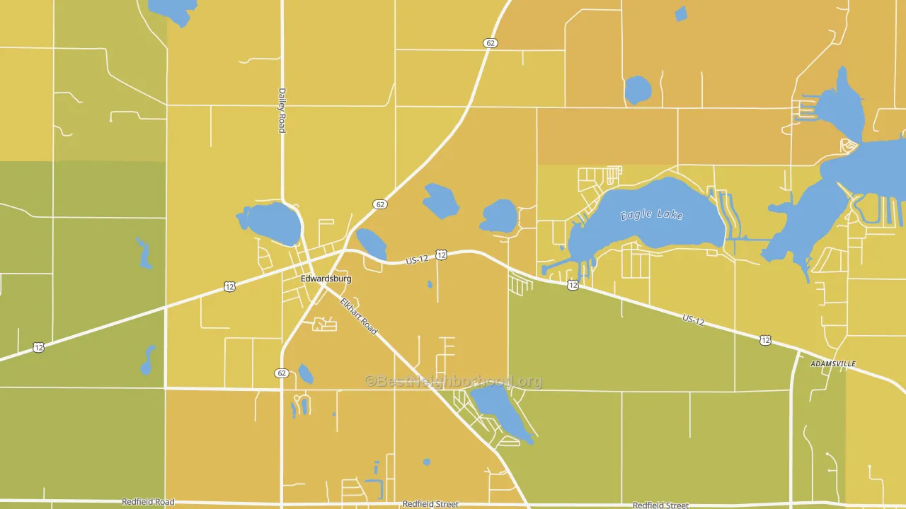Map of the best neighborhoods in the Kessington area, with better matches in green and worse matches in red