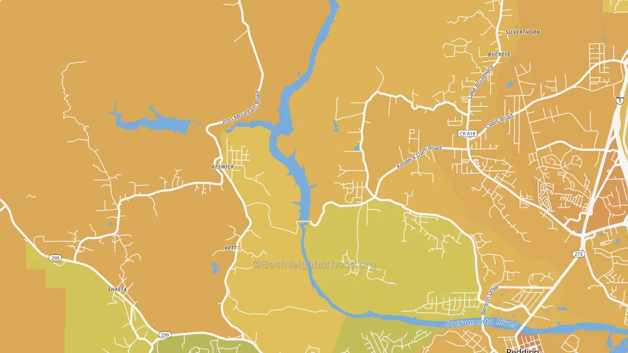 Map of the best neighborhoods in the Keswick area, with better matches in green and worse matches in red