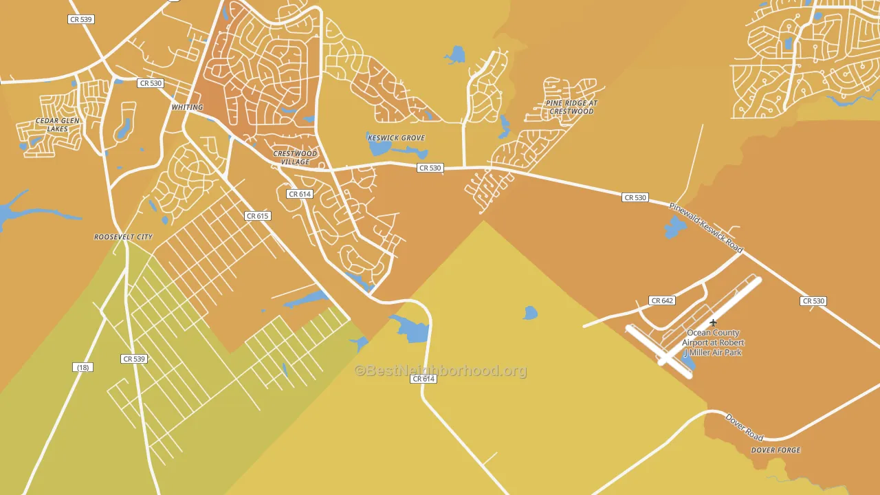 Map of the best neighborhoods in the Keswick Grove area, with better matches in green and worse matches in red