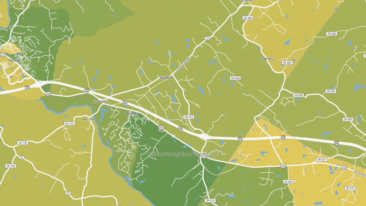 Map of the best neighborhoods in the Keswick area, with better matches in green and worse matches in red