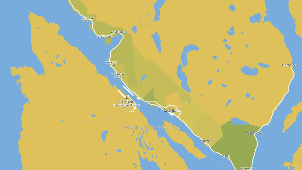 Map of the best neighborhoods in the Ketchikan area, with better matches in green and worse matches in red