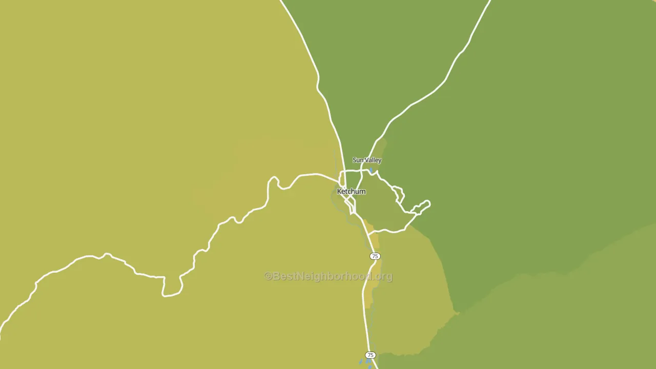 Map of the best neighborhoods in the Ketchum area, with better matches in green and worse matches in red