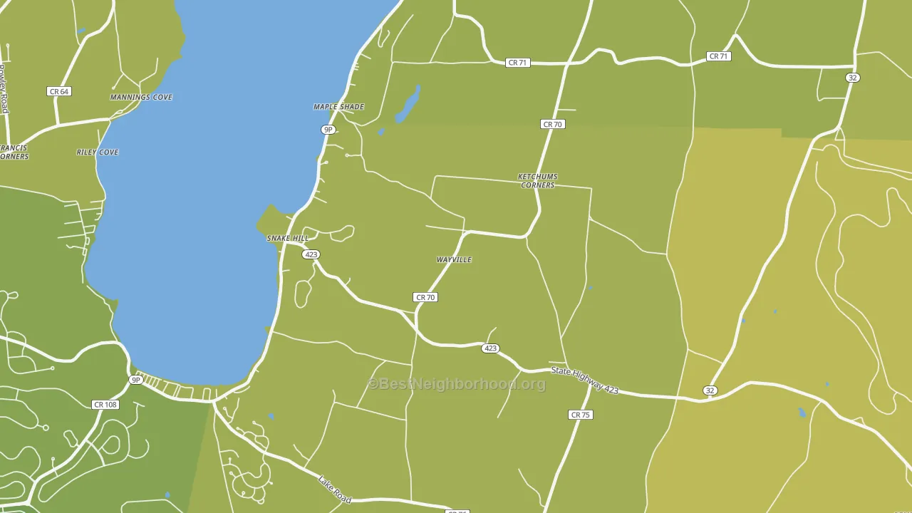 Map of the best neighborhoods in the Ketchums Corner area, with better matches in green and worse matches in red