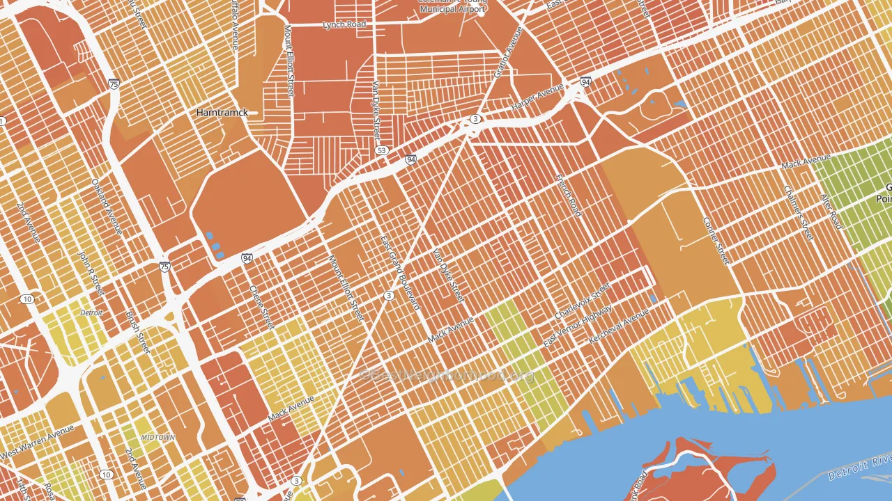 Map of the best neighborhoods in the Kettering-Butzel, Detroit area, with better matches in green and worse matches in red
