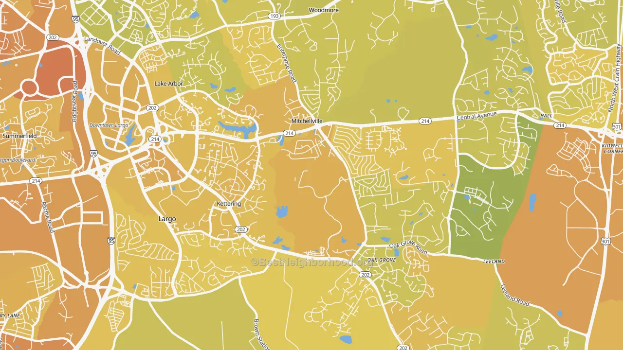 Map of the best neighborhoods in the Kettering area, with better matches in green and worse matches in red