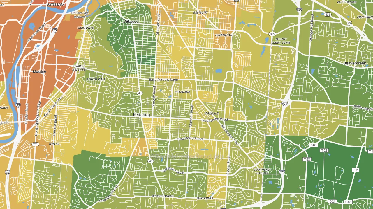 Map of the best neighborhoods in the Kettering area, with better matches in green and worse matches in red
