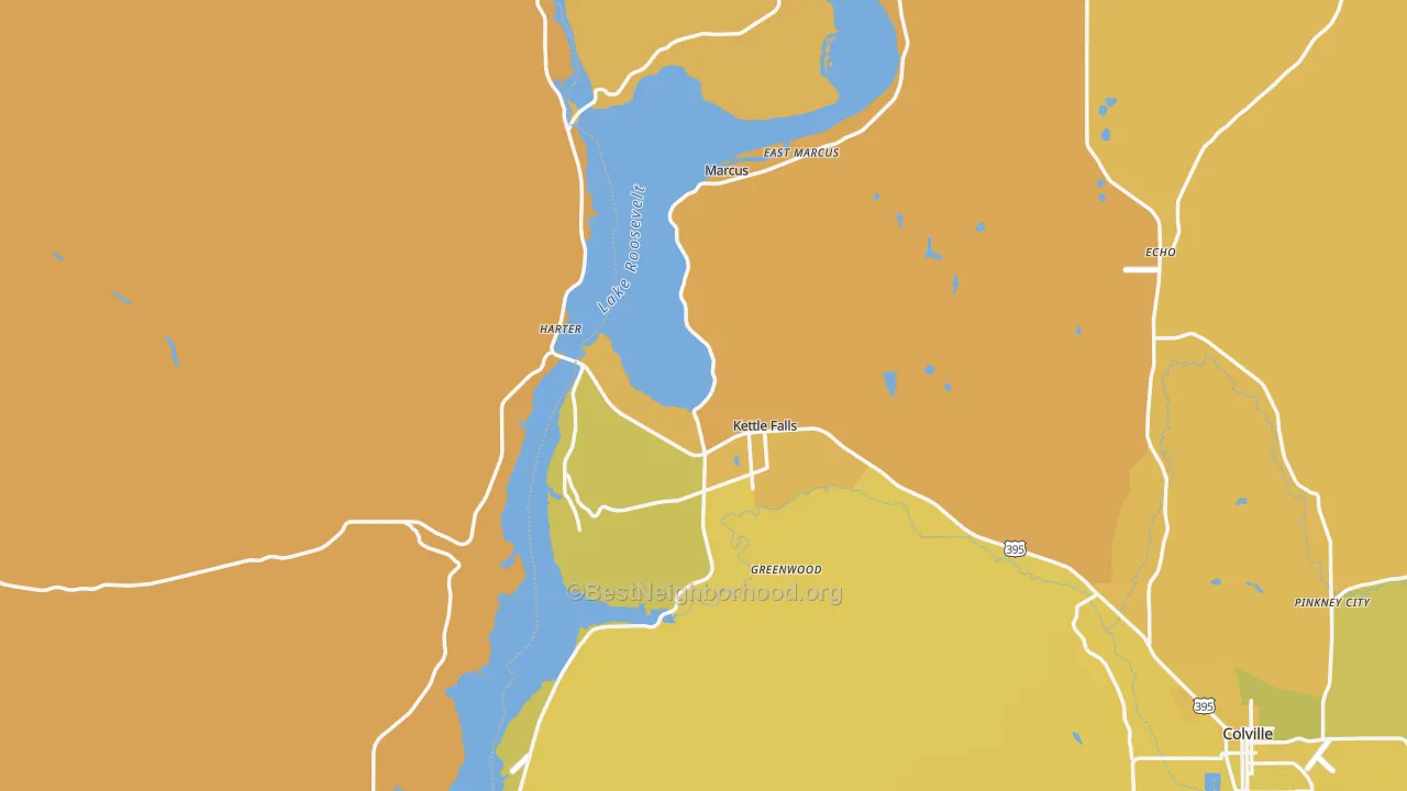 Map of the best neighborhoods in the Kettle Falls area, with better matches in green and worse matches in red