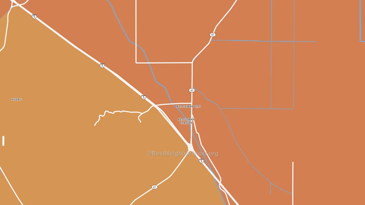 Map of the best neighborhoods in the Kettleman City area, with better matches in green and worse matches in red